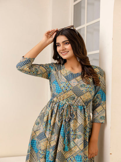 Multi Ethnic Printed Flared Dress
