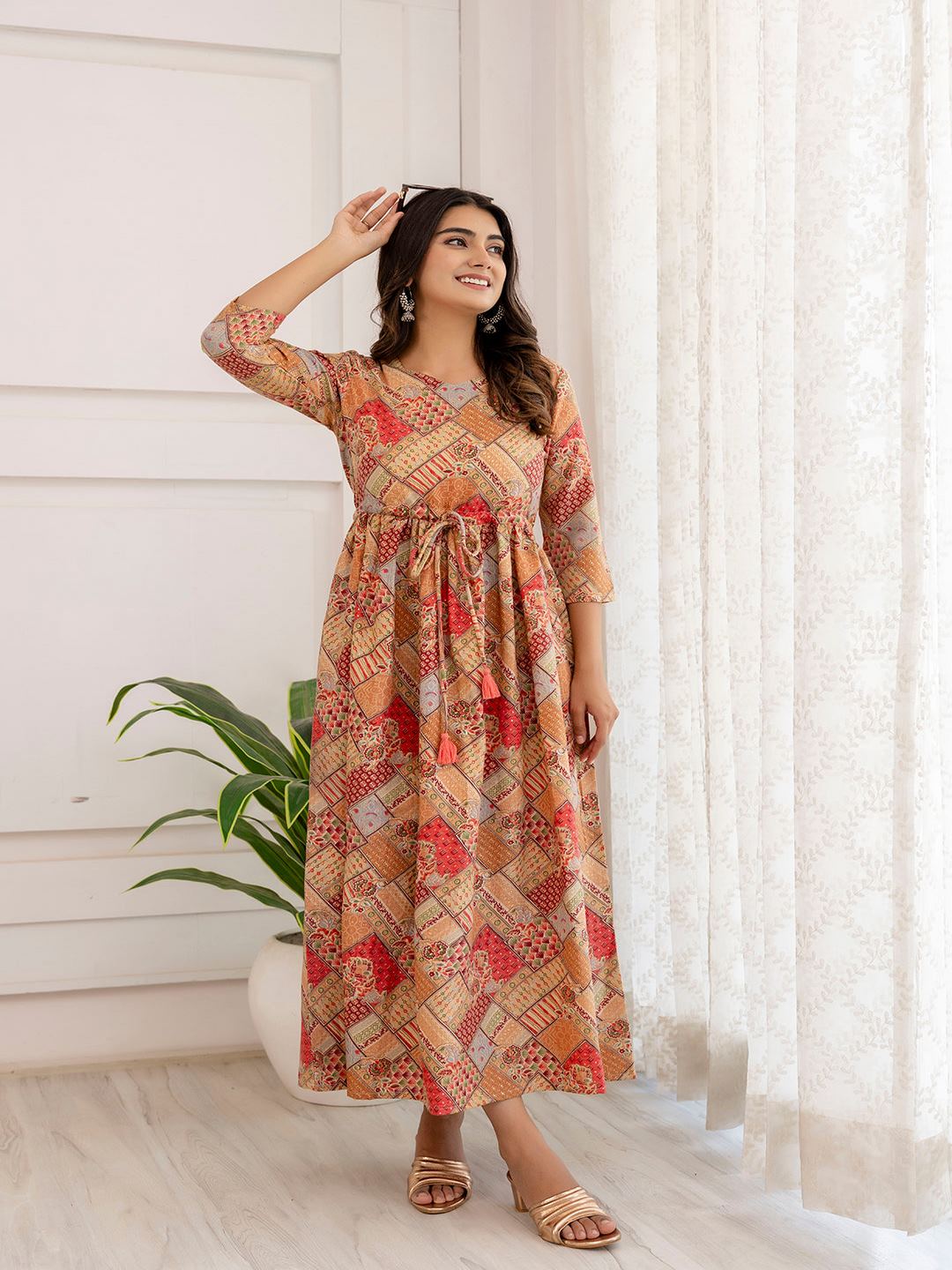 Multi Ethnic Printed Flared Dress