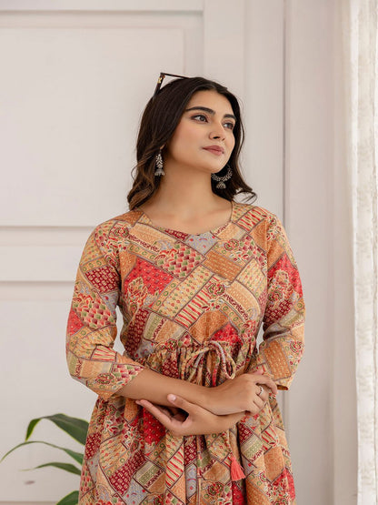 Multi Ethnic Printed Flared Dress