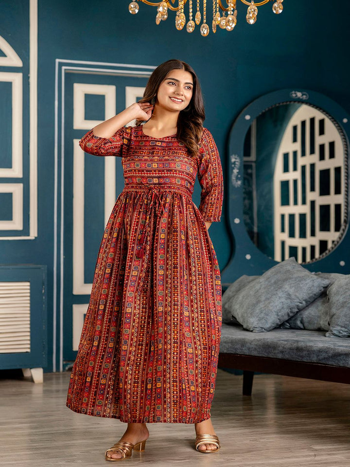 Maroon Ethnic Printed Flared Dress