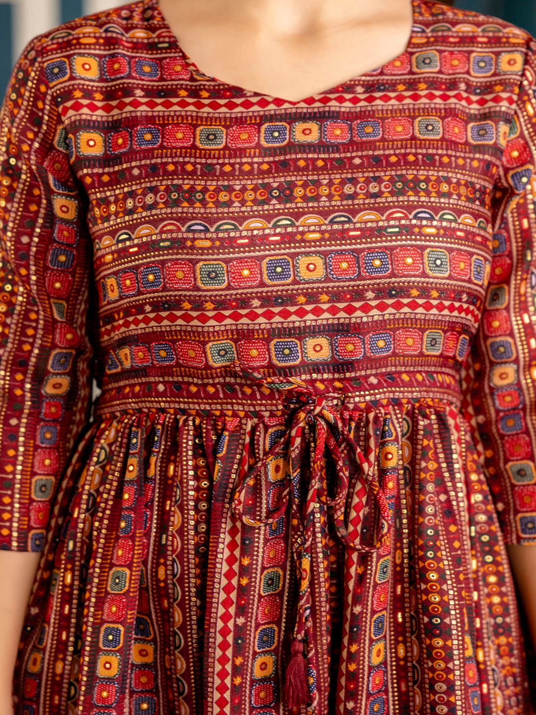 Maroon Ethnic Printed Flared Dress