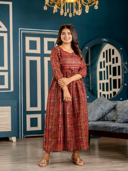 Maroon Ethnic Printed Flared Dress