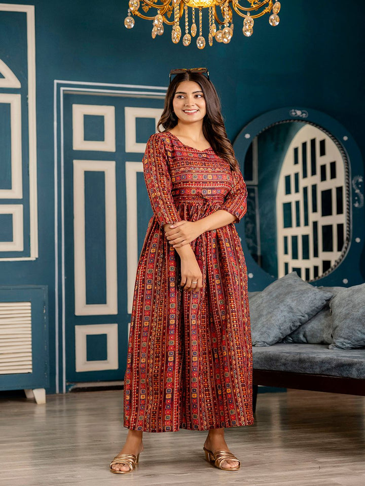 Maroon Ethnic Printed Flared Dress