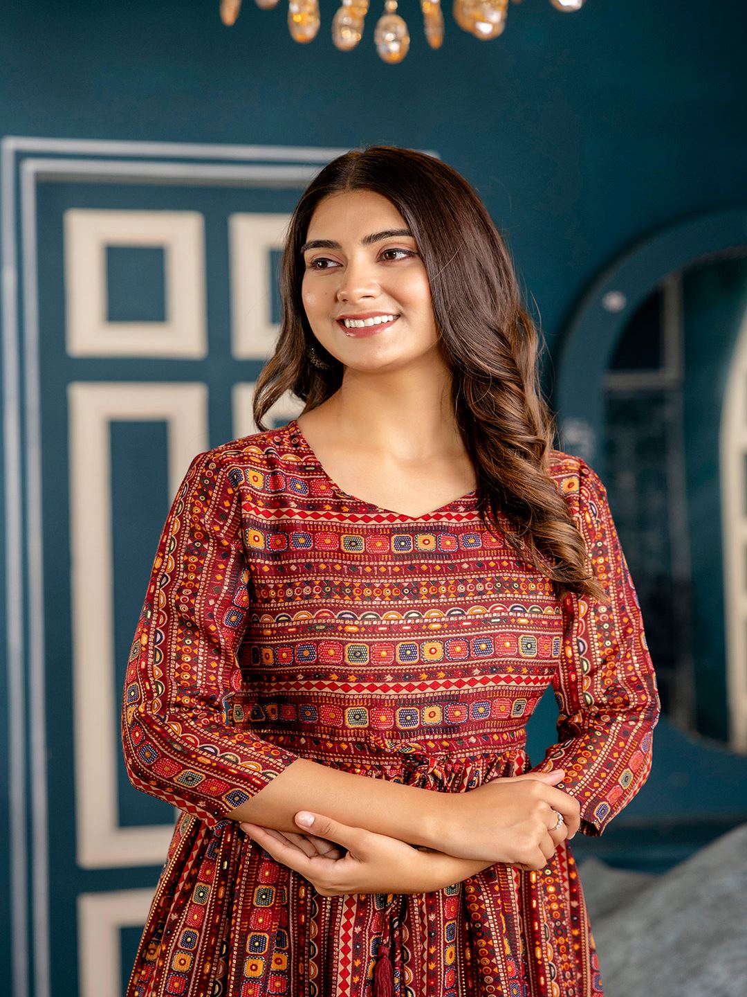 Maroon Ethnic Printed Flared Dress