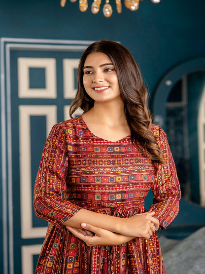 Maroon Ethnic Printed Flared Dress