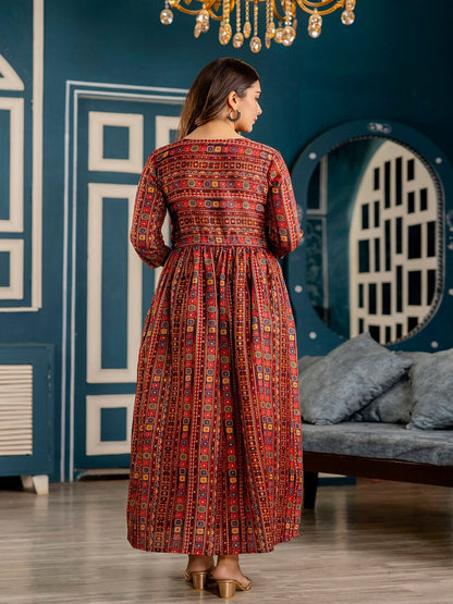 Maroon Ethnic Printed Flared Dress