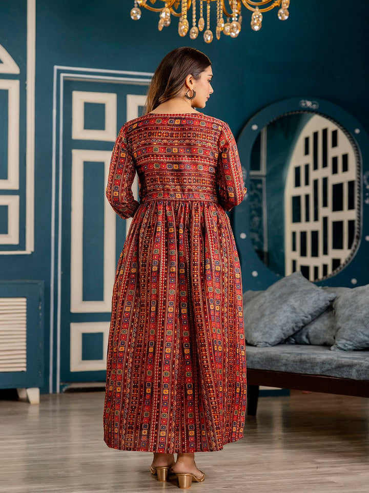 Maroon Ethnic Printed Flared Dress