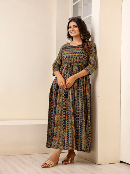 Black Ethnic Printed Flared Dress