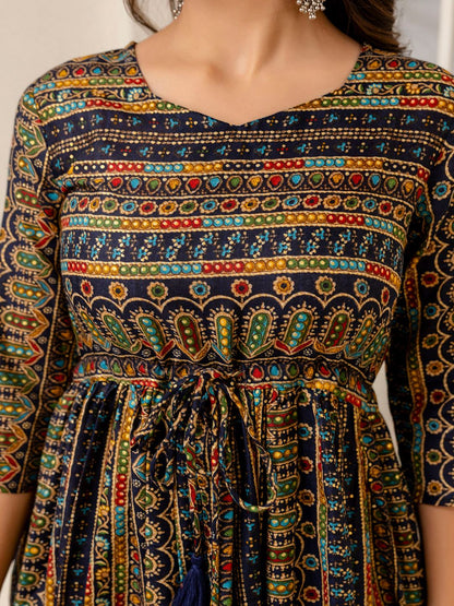 Black Ethnic Printed Flared Dress