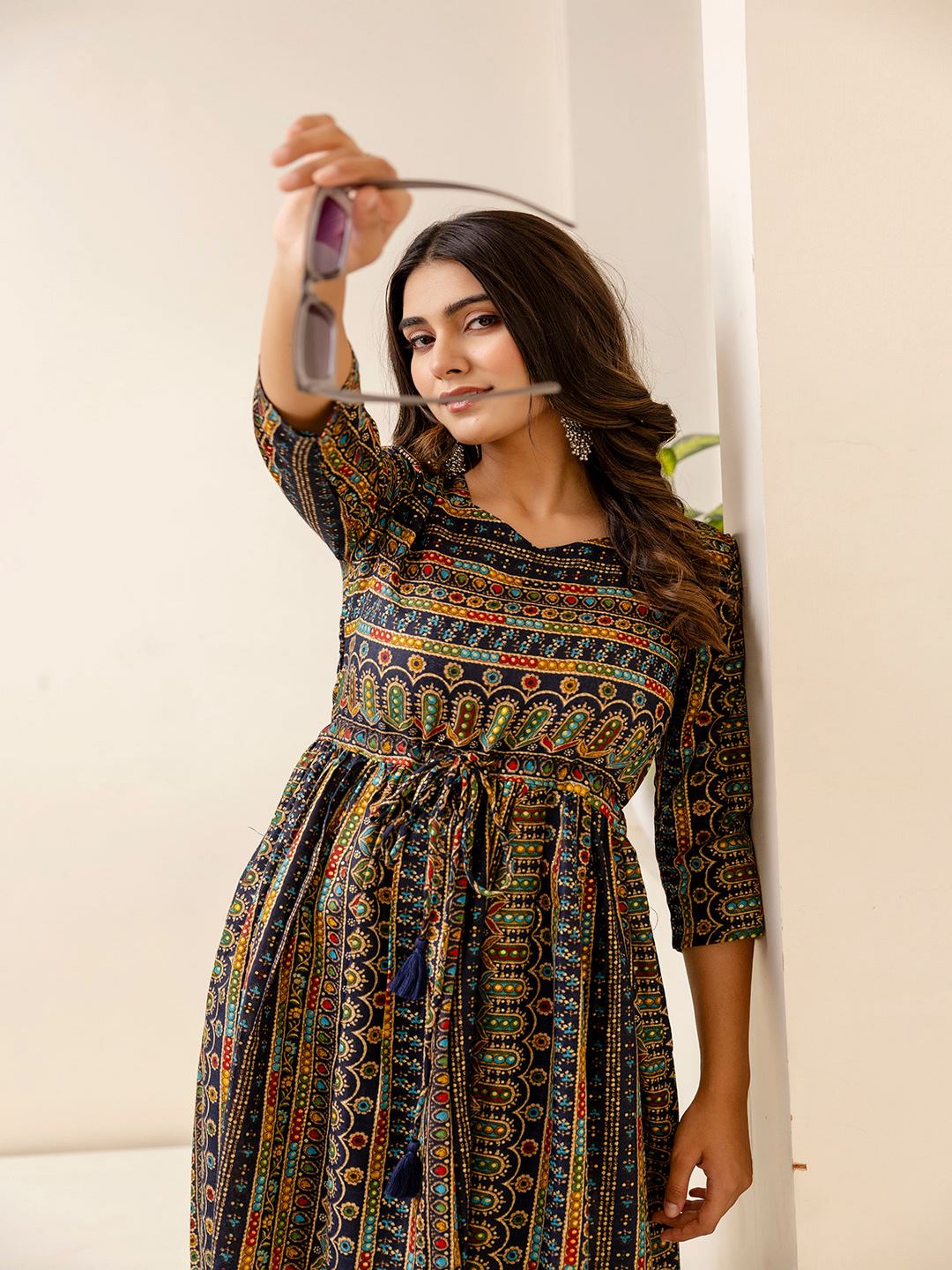 Black Ethnic Printed Flared Dress