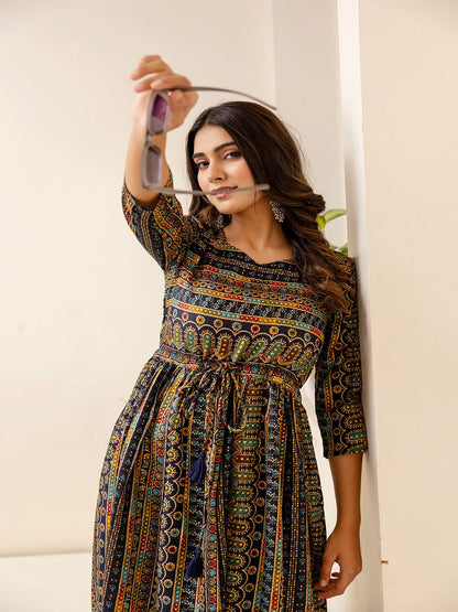 Black Ethnic Printed Flared Dress
