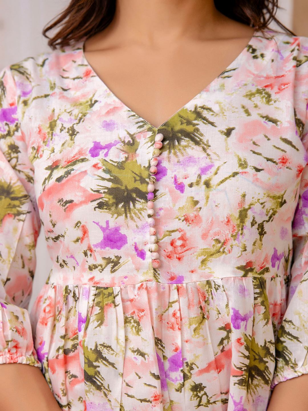 Off White And Pink Printed Flared Dress