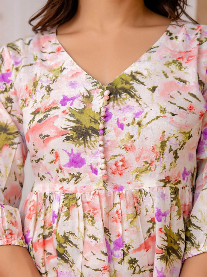 Off White And Pink Printed Flared Dress