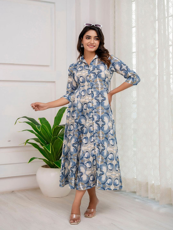 Grey Abstract Printed Shirt Pattern Dress
