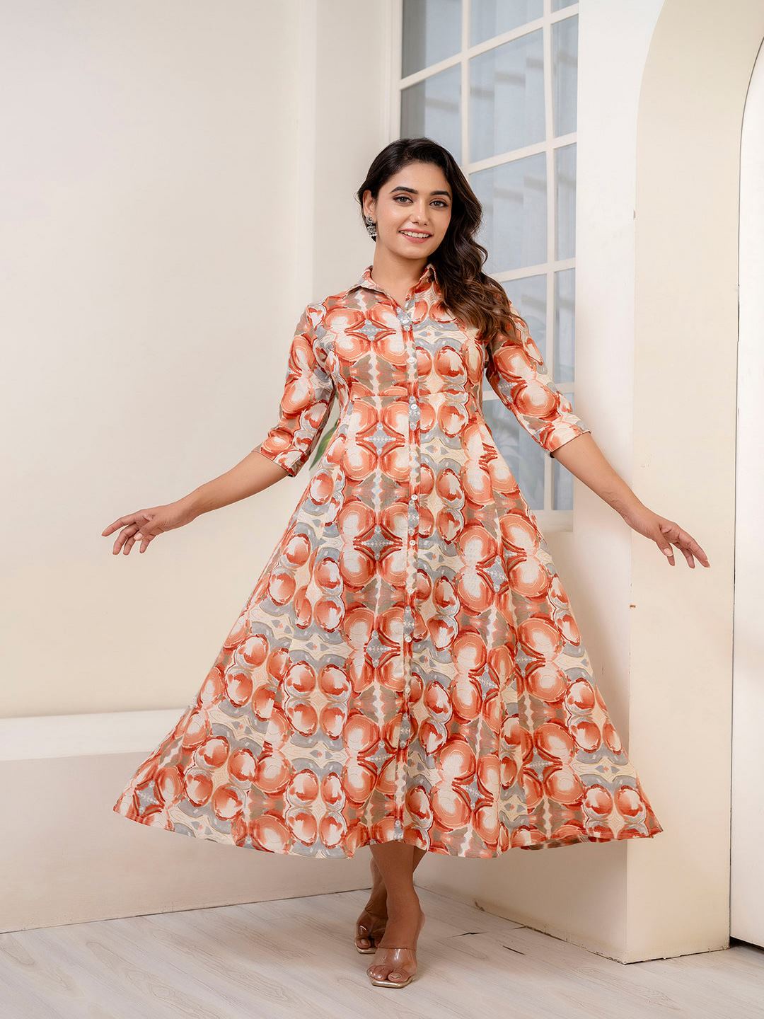 Rust Abstract Printed Shirt Dress For