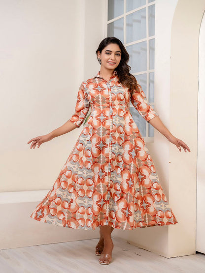Rust Abstract Printed Shirt Dress For