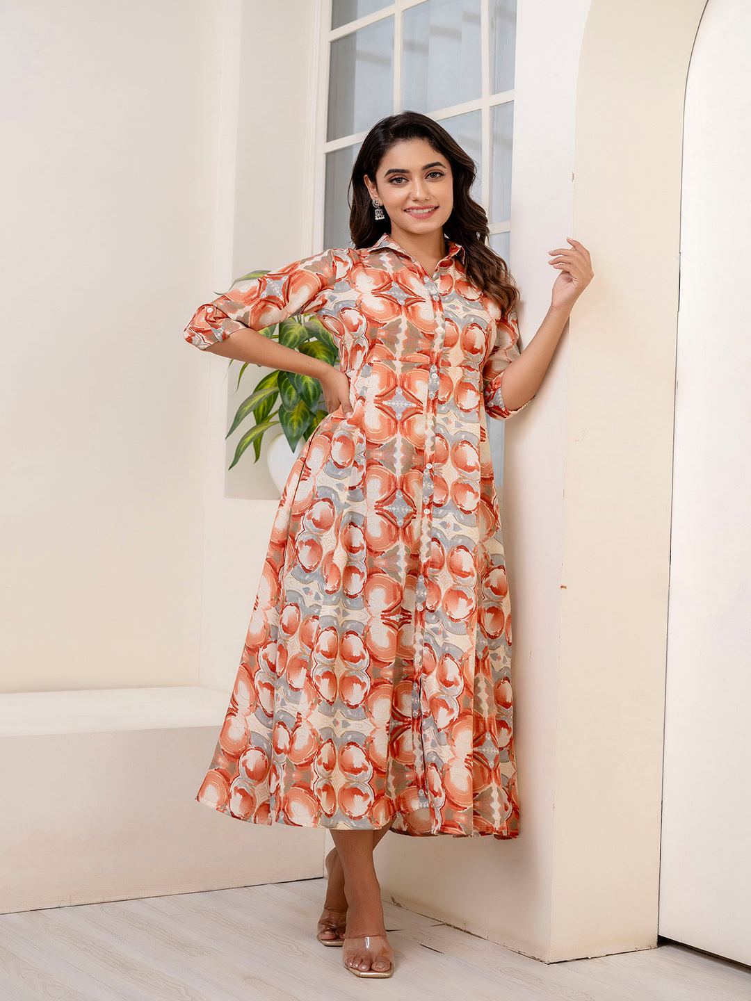 Rust Abstract Printed Shirt Dress For