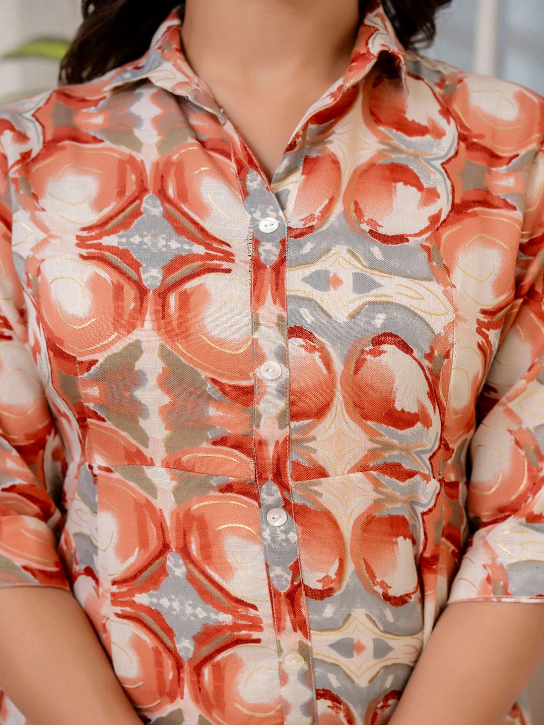 Rust Abstract Printed Shirt Dress For