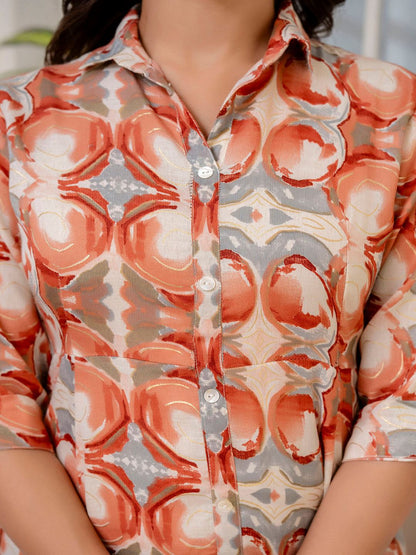 Rust Abstract Printed Shirt Dress For