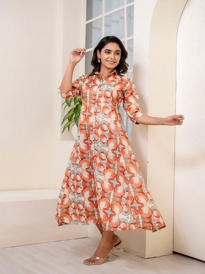 Rust Abstract Printed Shirt Dress For