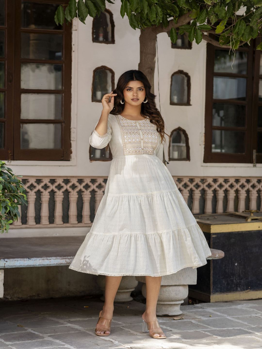 Off White Embroidered Gathered Dress
