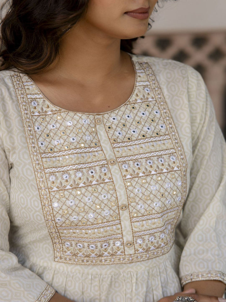 Off White Embroidered Gathered Dress