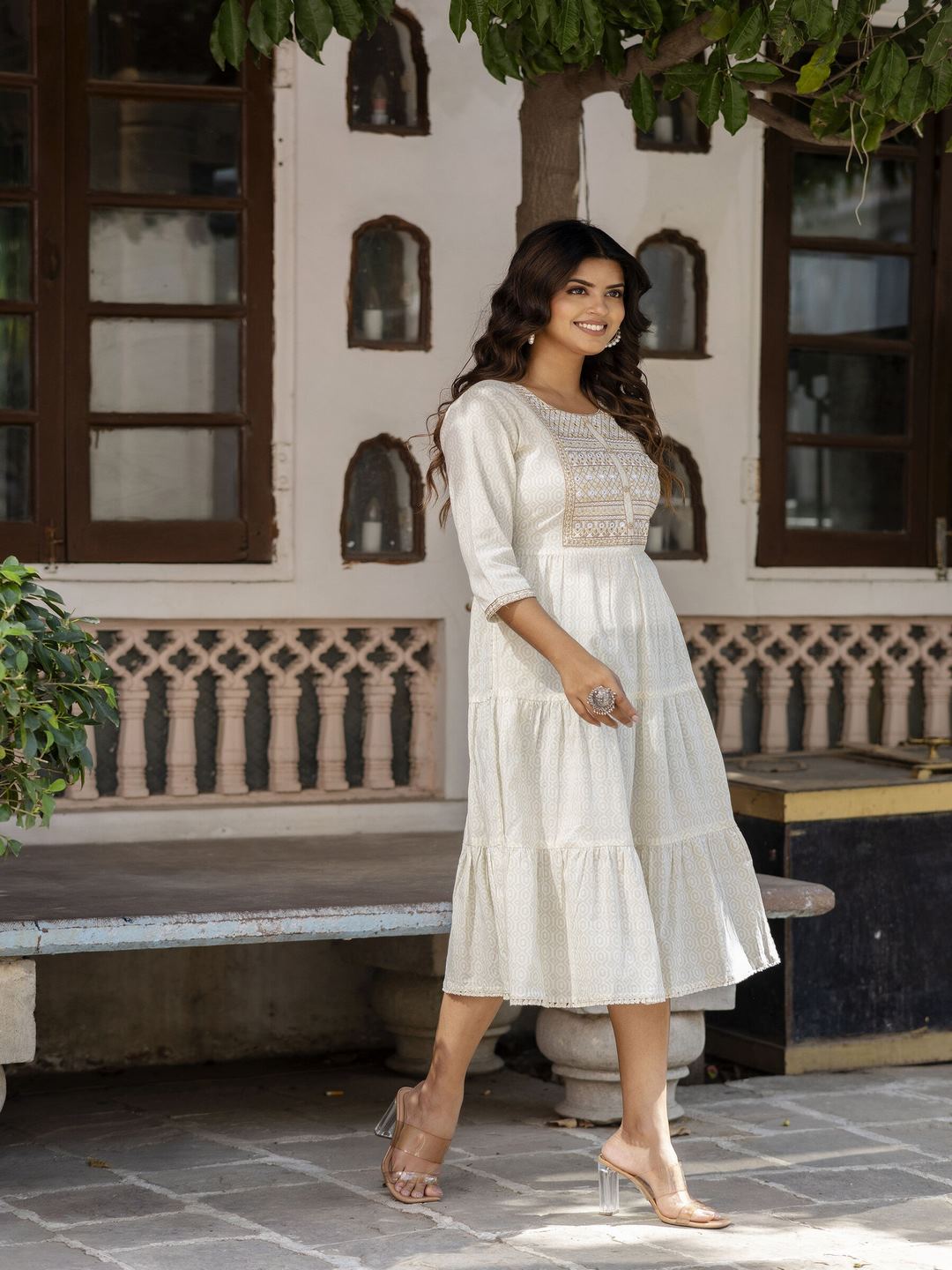 Off White Embroidered Gathered Dress