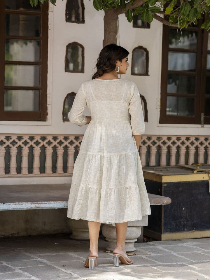 Off White Embroidered Gathered Dress