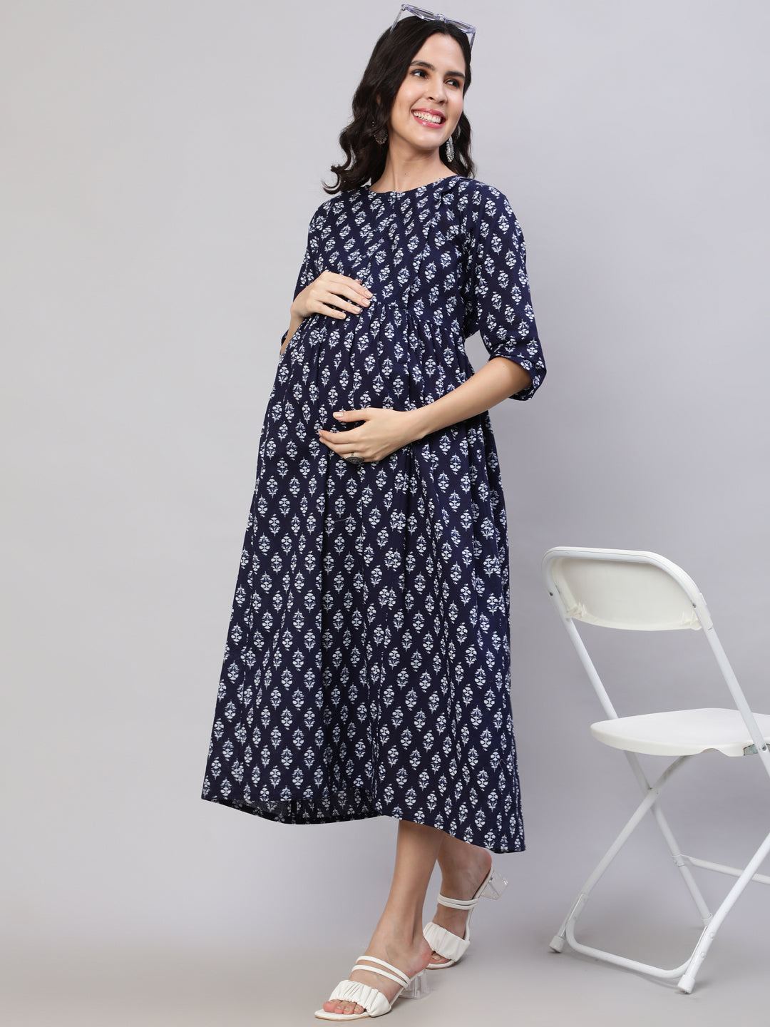 Blue Floral Printed Flared Maternity Dress