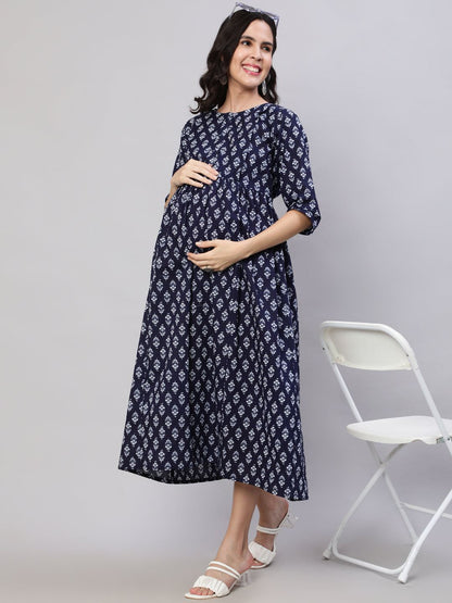 Blue Floral Printed Flared Maternity Dress