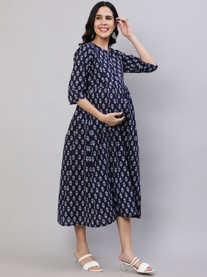 Blue Floral Printed Flared Maternity Dress