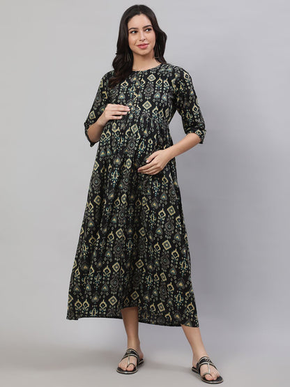 Black Printed Flared Maternity Dress