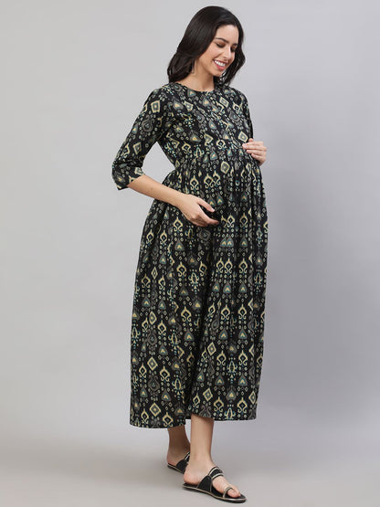 Black Printed Flared Maternity Dress