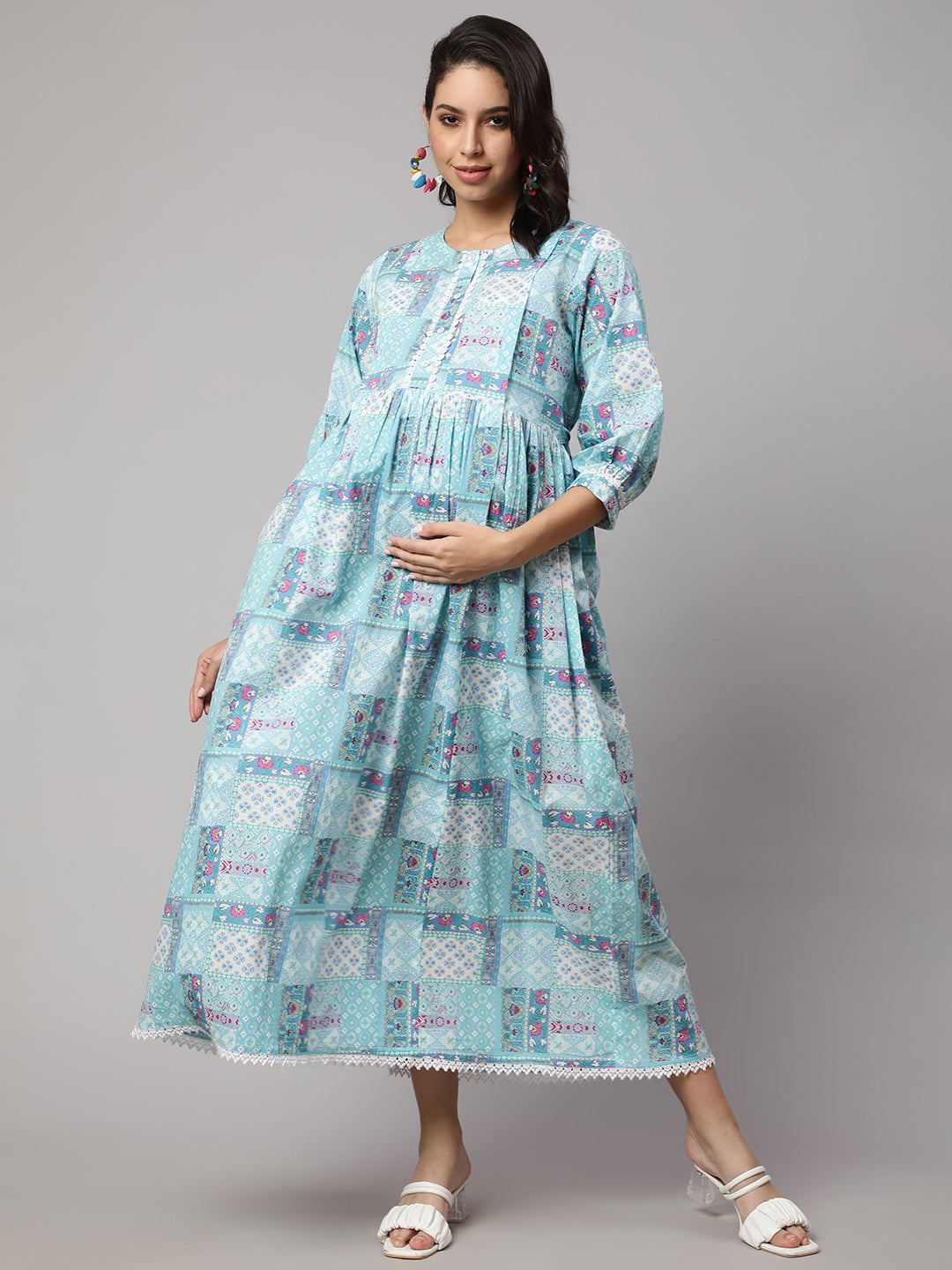 Sky Blue Printed Flared Maternity Dress