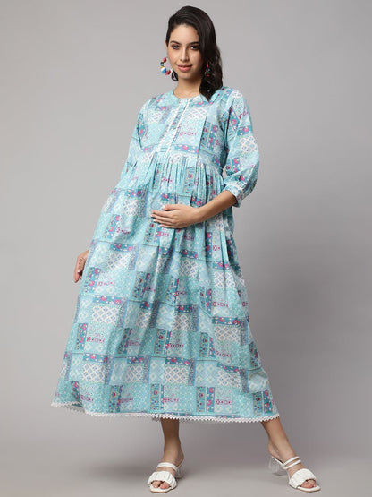 Sky Blue Printed Flared Maternity Dress