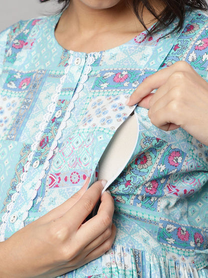 Sky Blue Printed Flared Maternity Dress