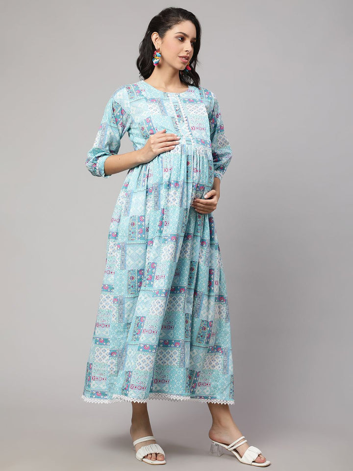 Sky Blue Printed Flared Maternity Dress