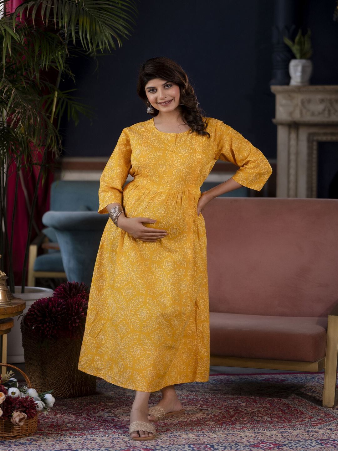 Yellow Printed Flared Maternity Dress