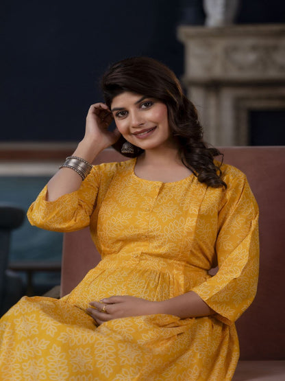 Yellow Printed Flared Maternity Dress