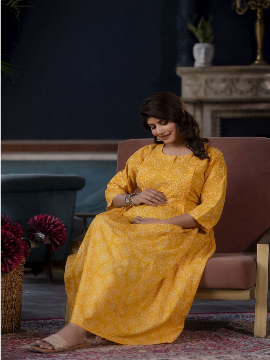 Yellow Printed Flared Maternity Dress
