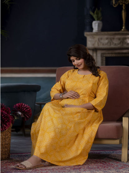 Yellow Printed Flared Maternity Dress