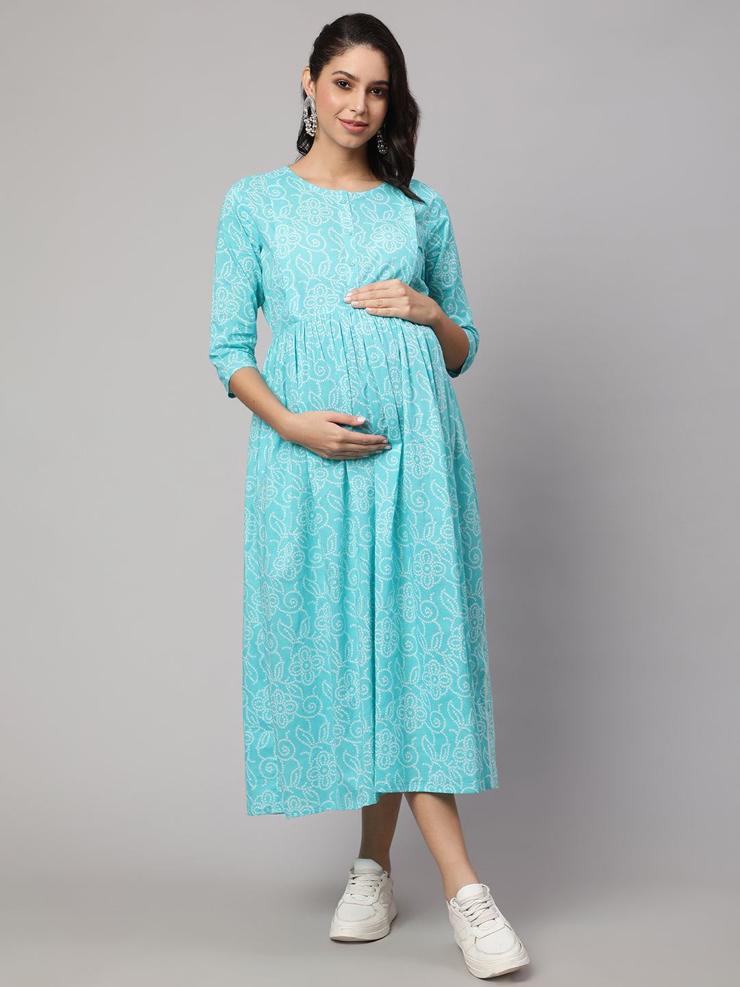 Sky Blue Printed Flared Maternity Dress