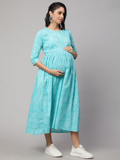 Sky Blue Printed Flared Maternity Dress