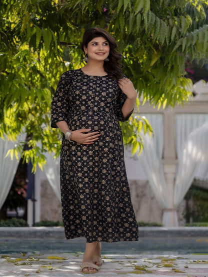 Black & Gold Printed Flared Maternity Dress
