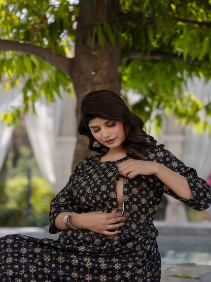 Black & Gold Printed Flared Maternity Dress