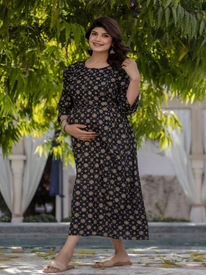 Black & Gold Printed Flared Maternity Dress