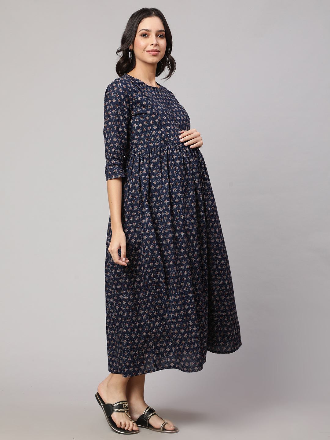 Navy Blue Printed Flared Maternity Dress