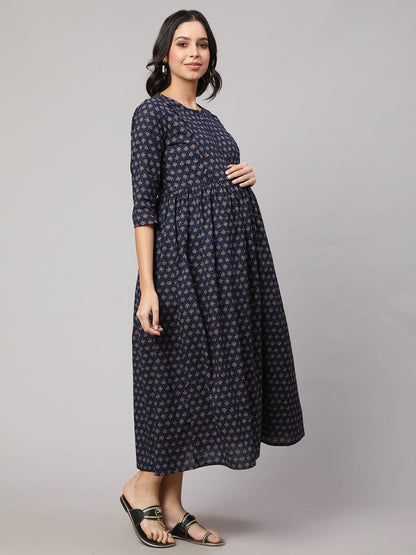 Navy Blue Printed Flared Maternity Dress