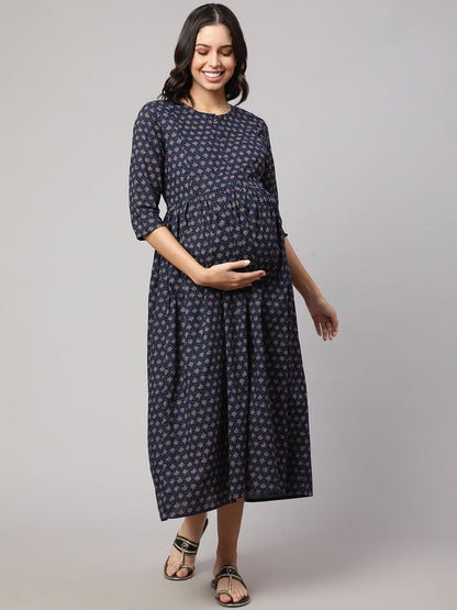 Navy Blue Printed Flared Maternity Dress