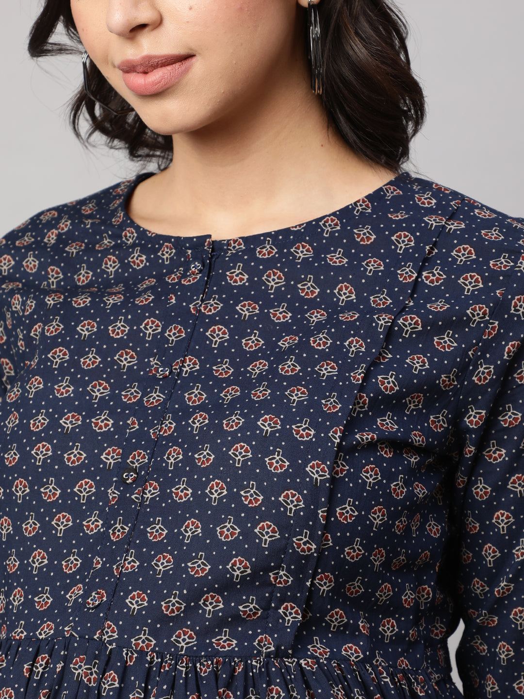 Navy Blue Printed Flared Maternity Dress